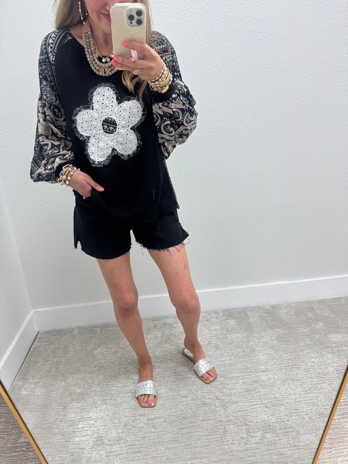 Black Flower Multi Detail Balloon Long Sleeve Top