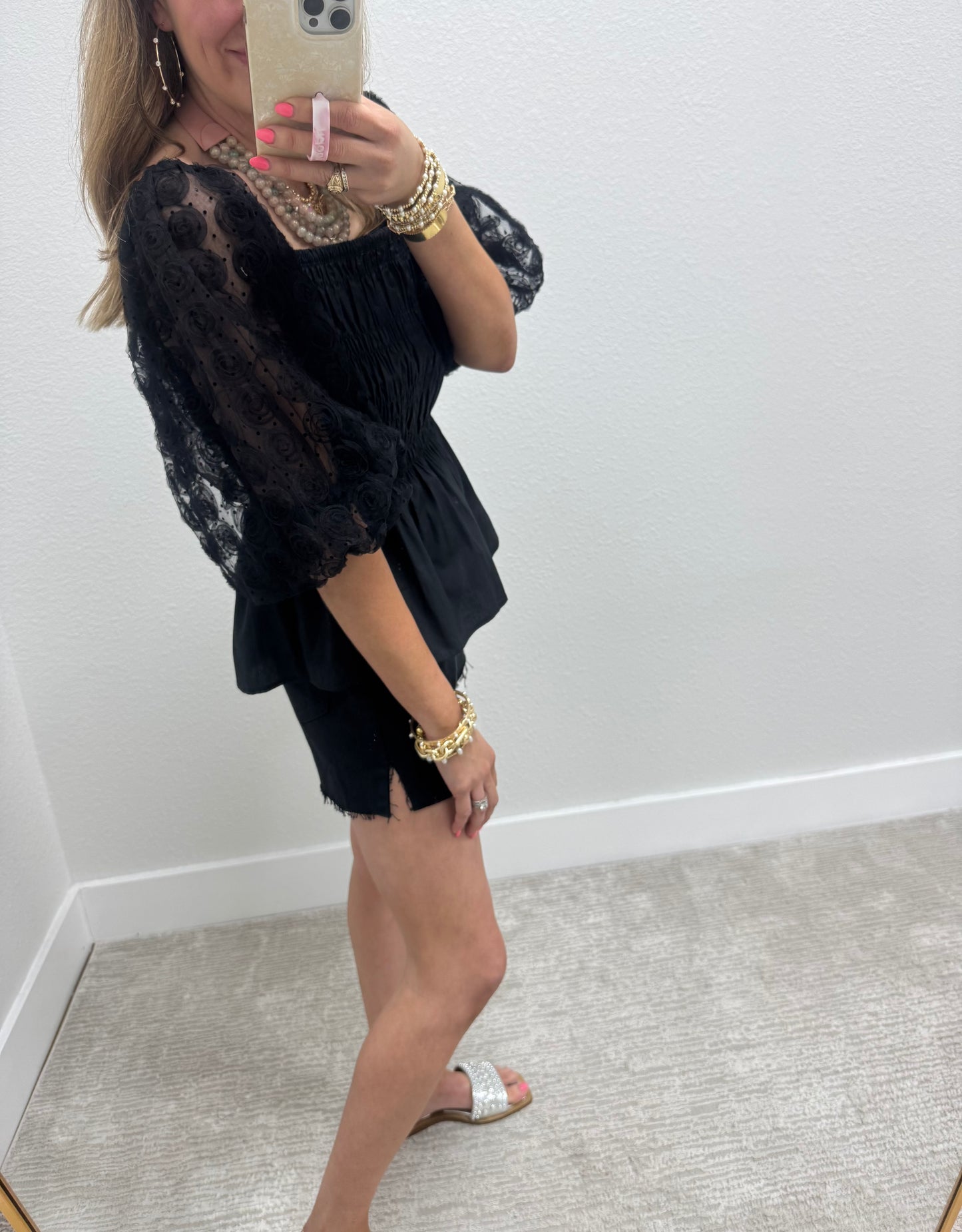 Black Smocked Shirt with Bubble Sleeve