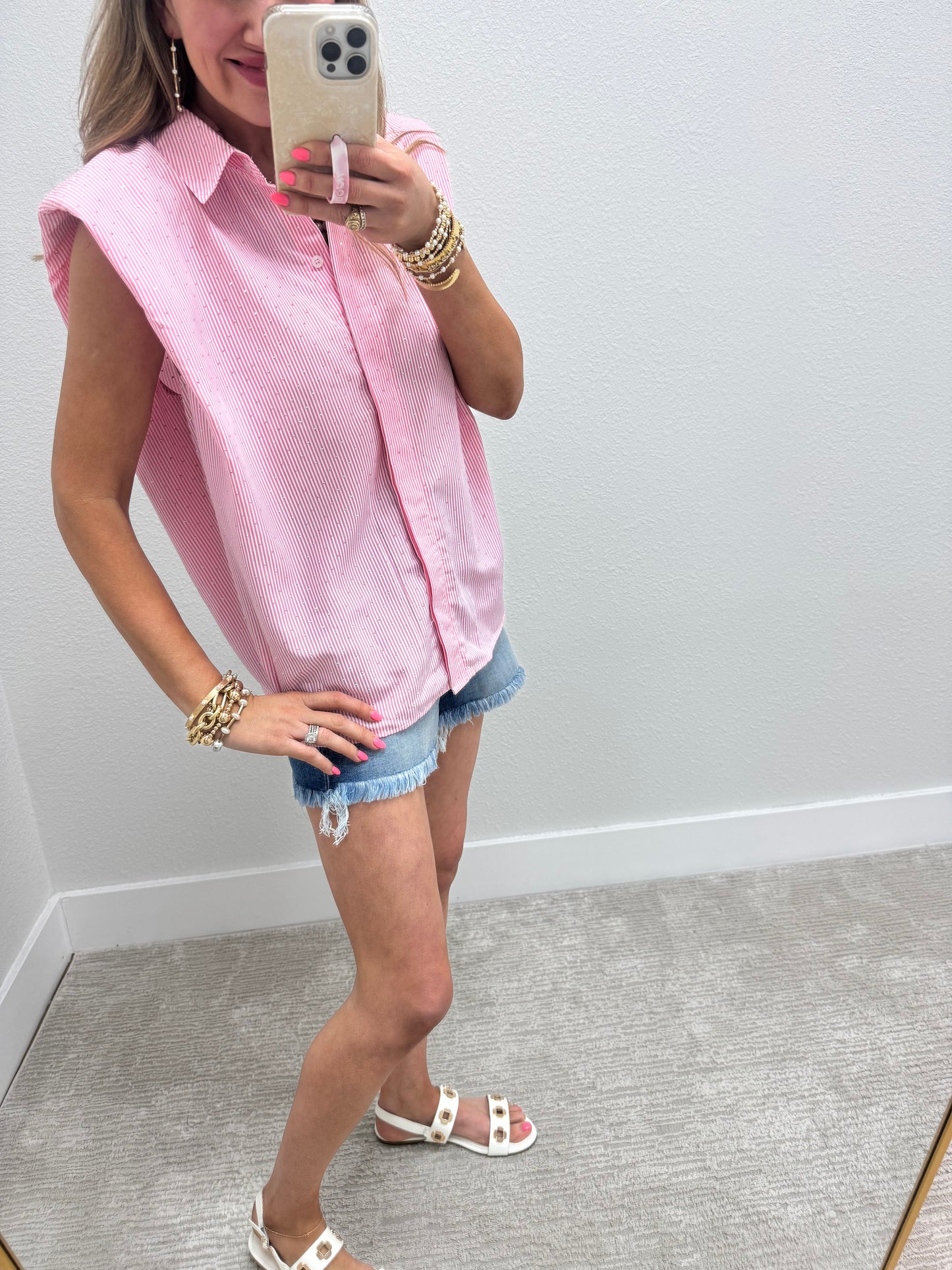 Pink and Stripe Embellished Shoulder Pad Top