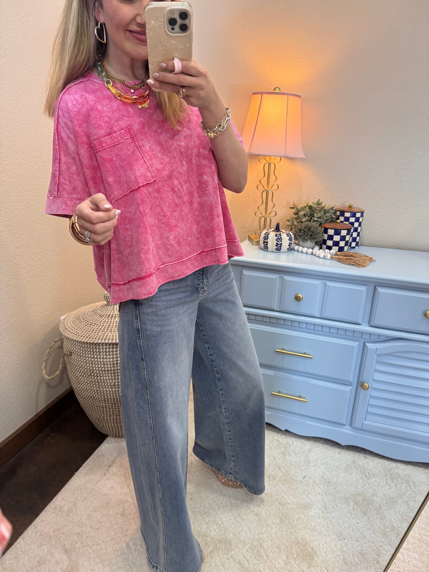 Pink Enzyme Washed Exposed Seam Top