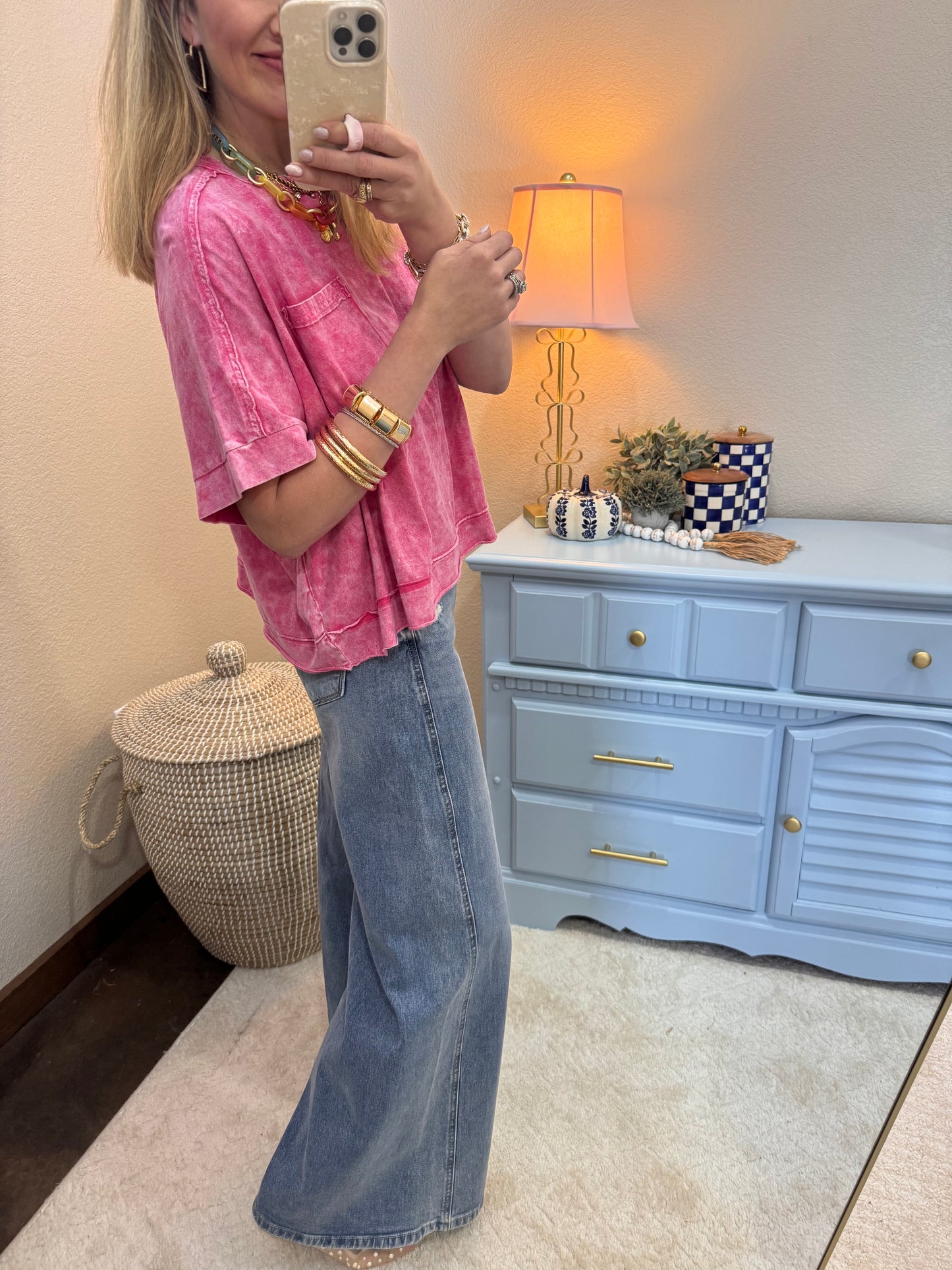 Pink Enzyme Washed Exposed Seam Top