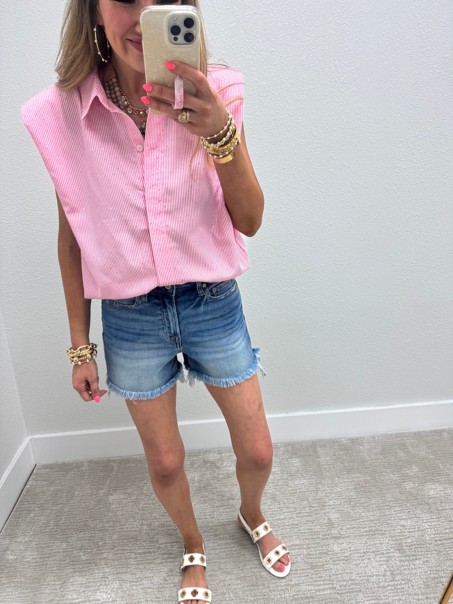 Pink and Stripe Embellished Shoulder Pad Top