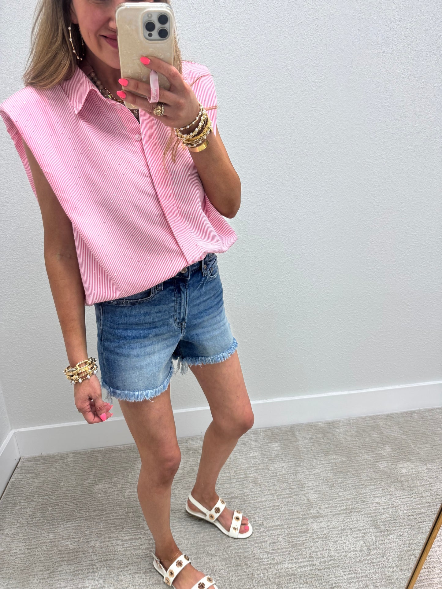 Pink and Stripe Embellished Shoulder Pad Top