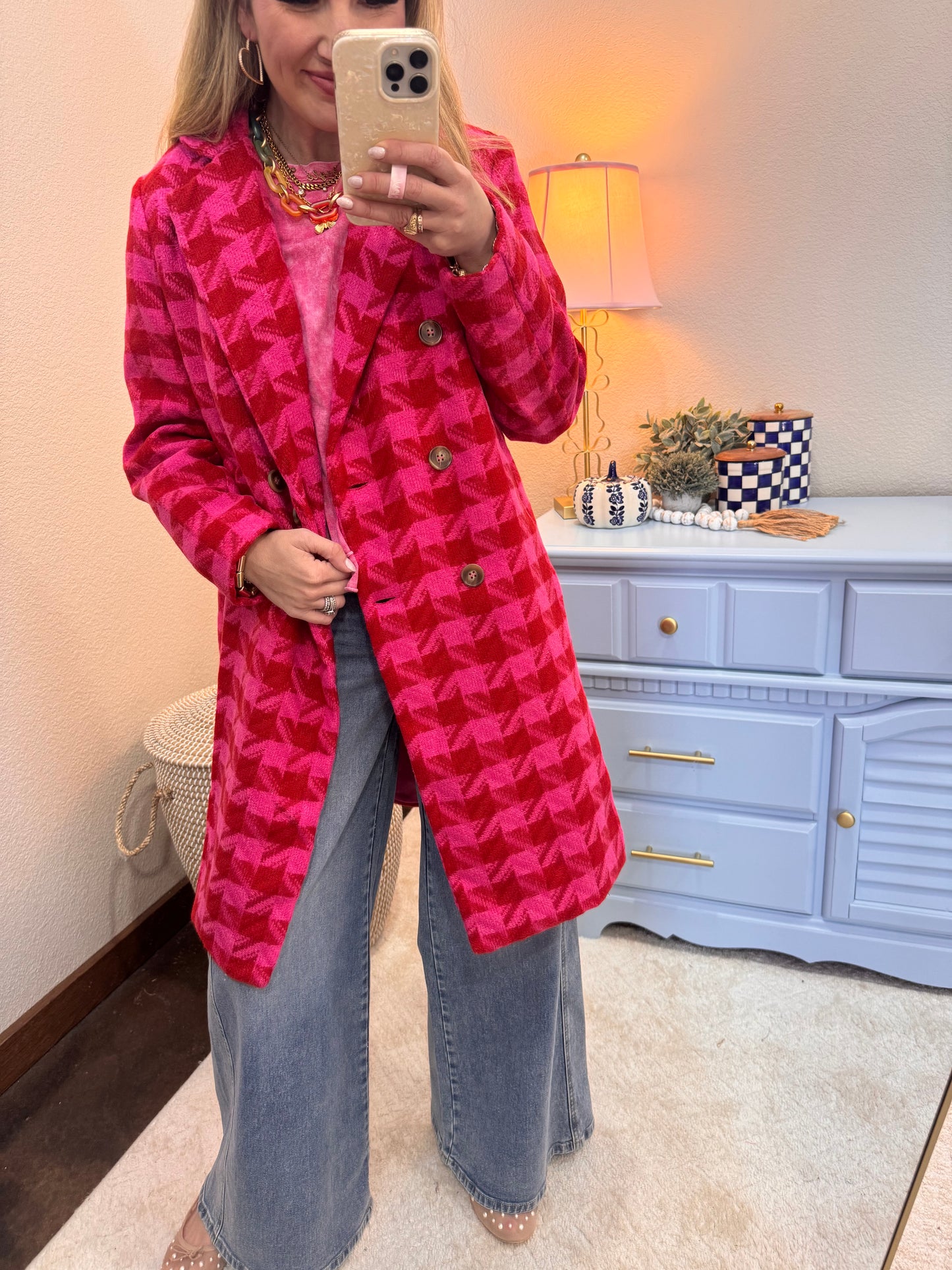 Pink & Red Textured Tweed Double Button Jacket