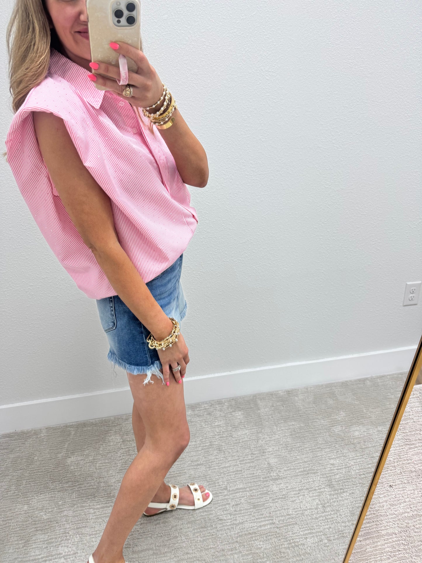 Pink and Stripe Embellished Shoulder Pad Top