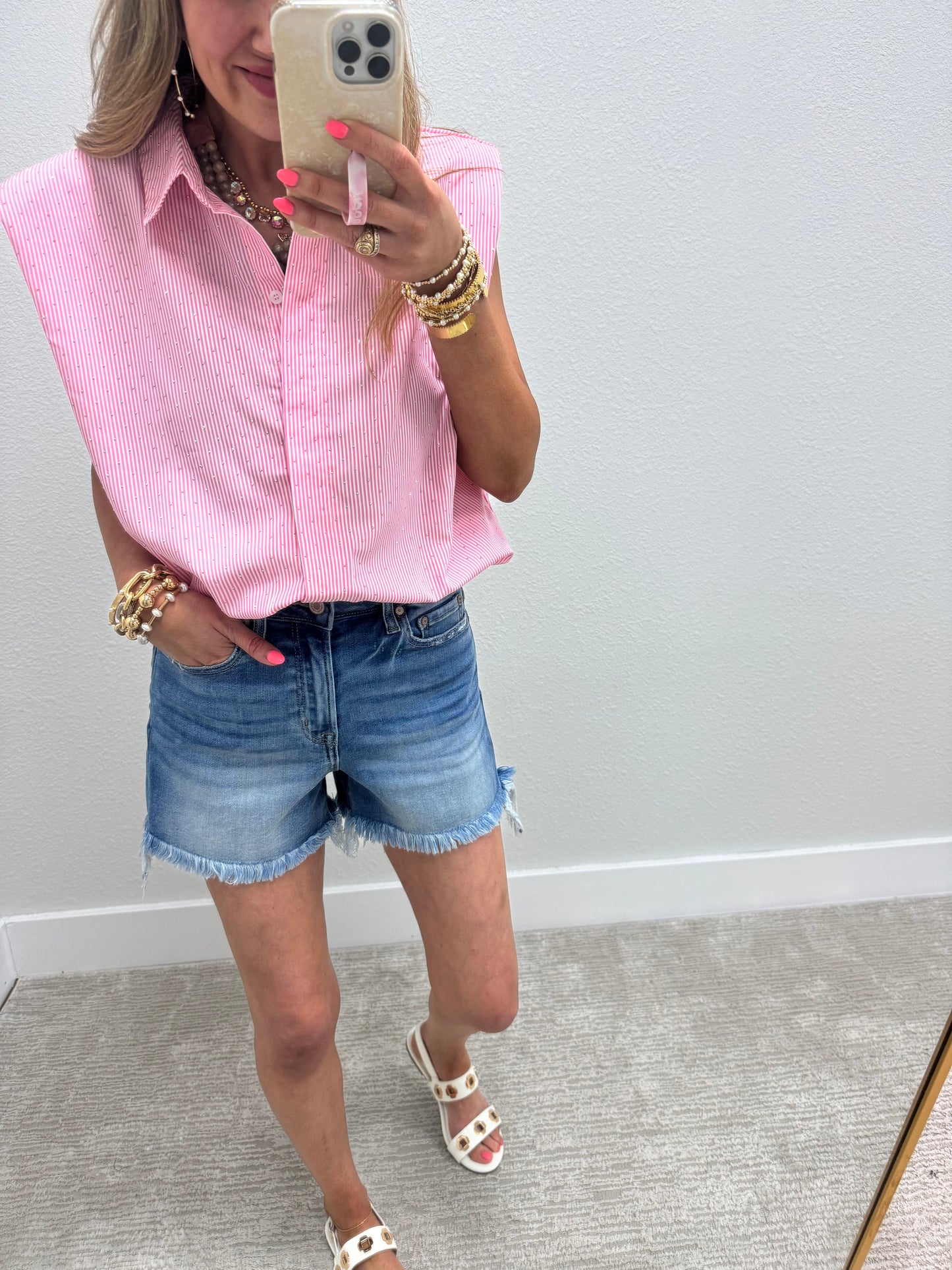 Pink and Stripe Embellished Shoulder Pad Top