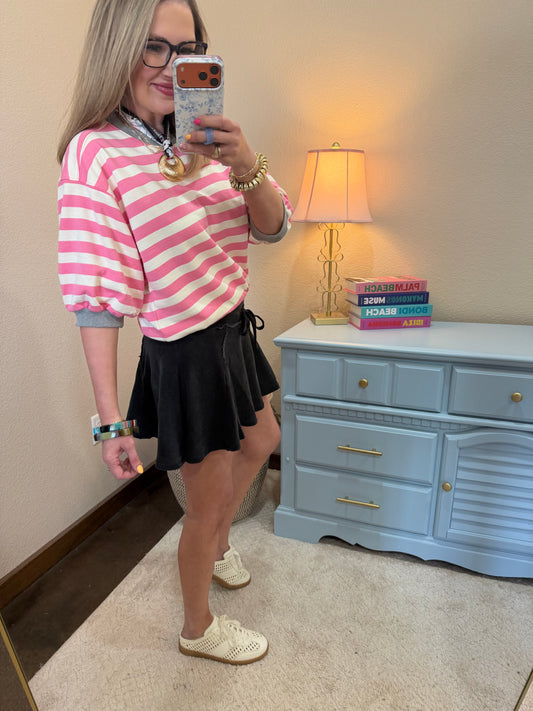 Black Acid Washed Mid Waist Flowy Skort