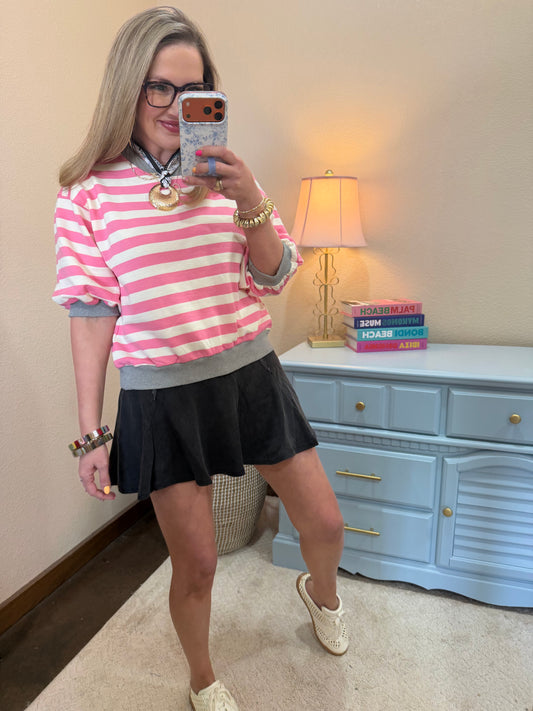 Pink Stripe Round Neck Bubble Sleeve Top