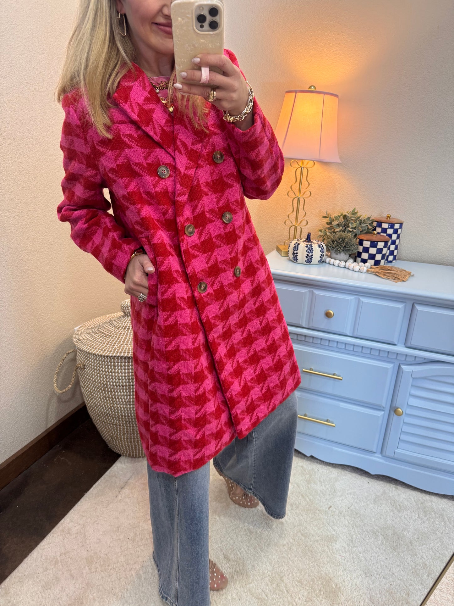 Pink & Red Textured Tweed Double Button Jacket