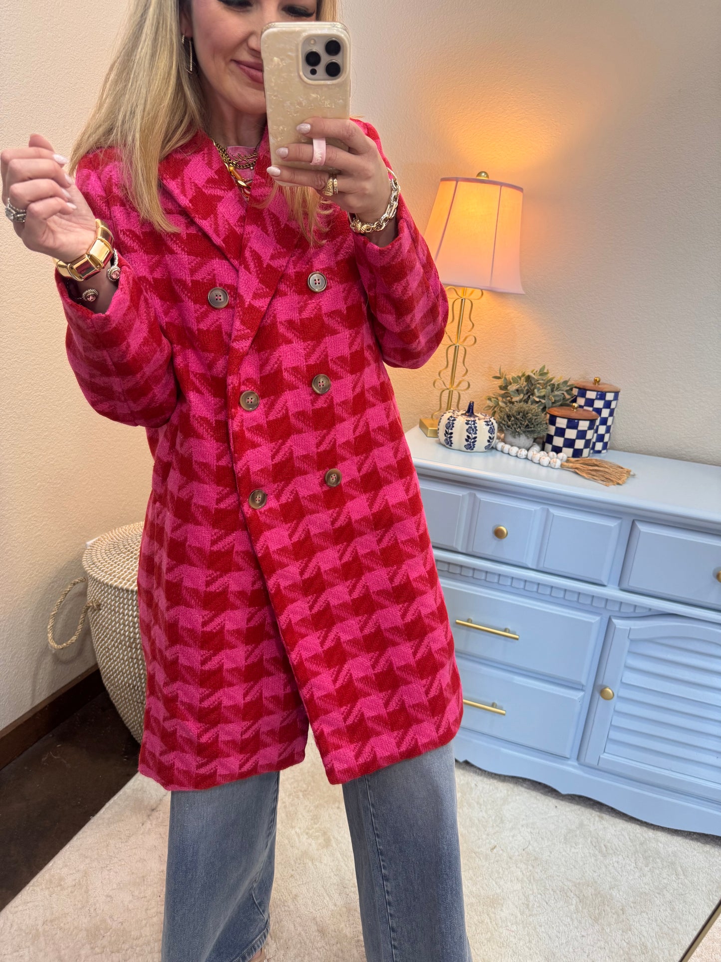 Pink & Red Textured Tweed Double Button Jacket