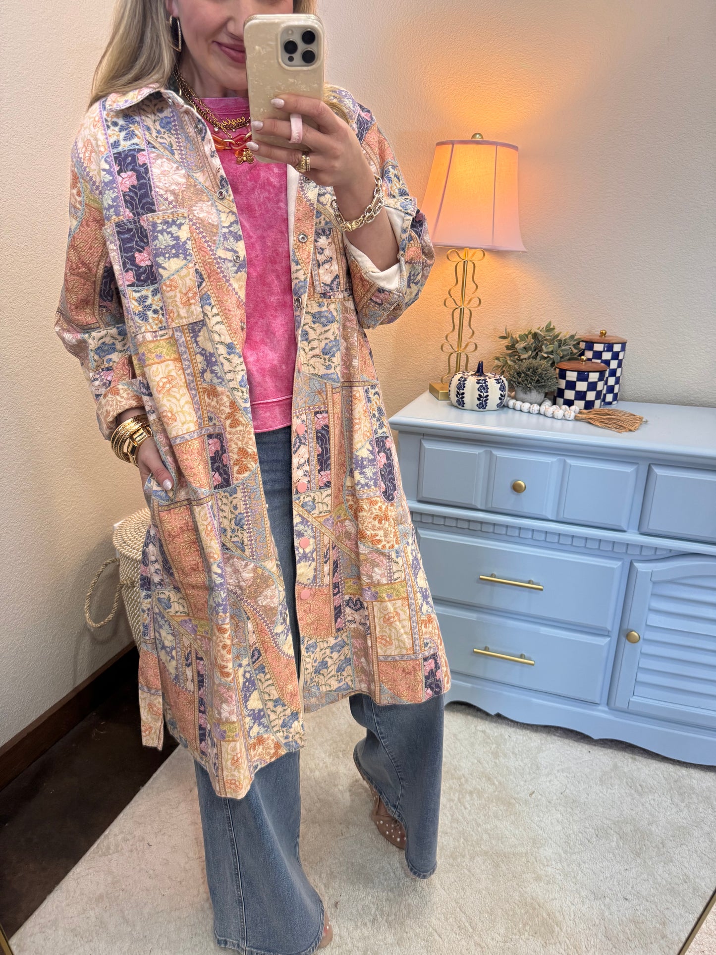 Floral Washed Long Shirt Jacket Shacket