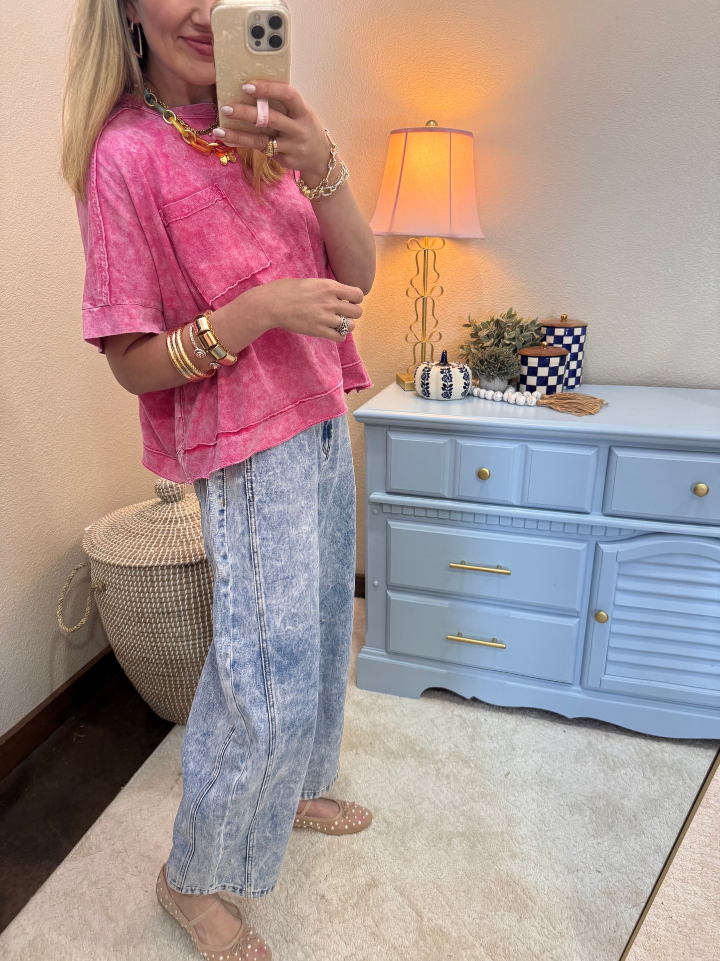 Pink Enzyme Washed Exposed Seam Top