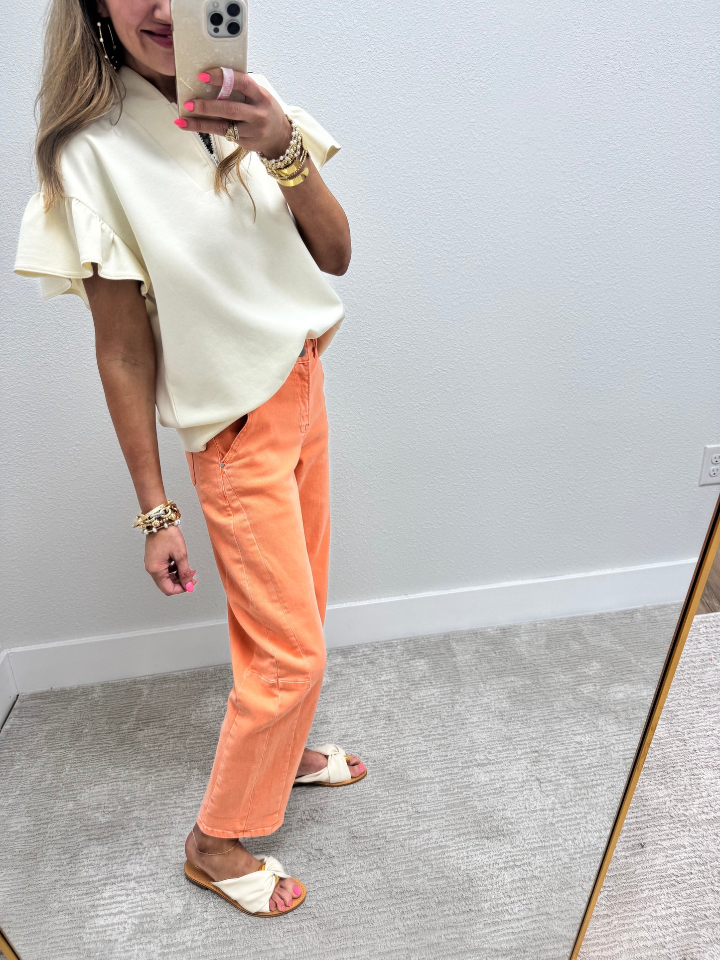 Cream Scuba 1/4 Zip Ruffle Sleeve Top