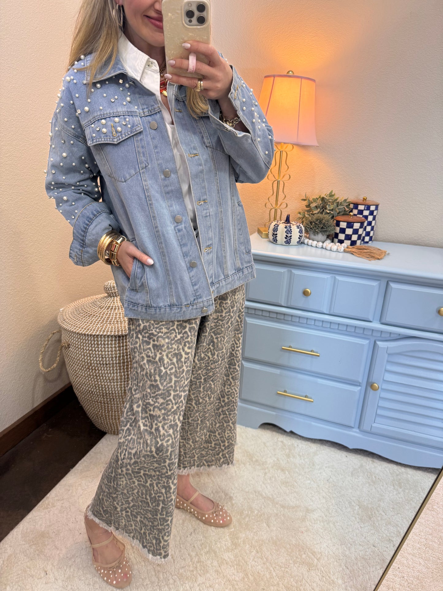 Pearl Rhinestone Detailed Denim Jacket