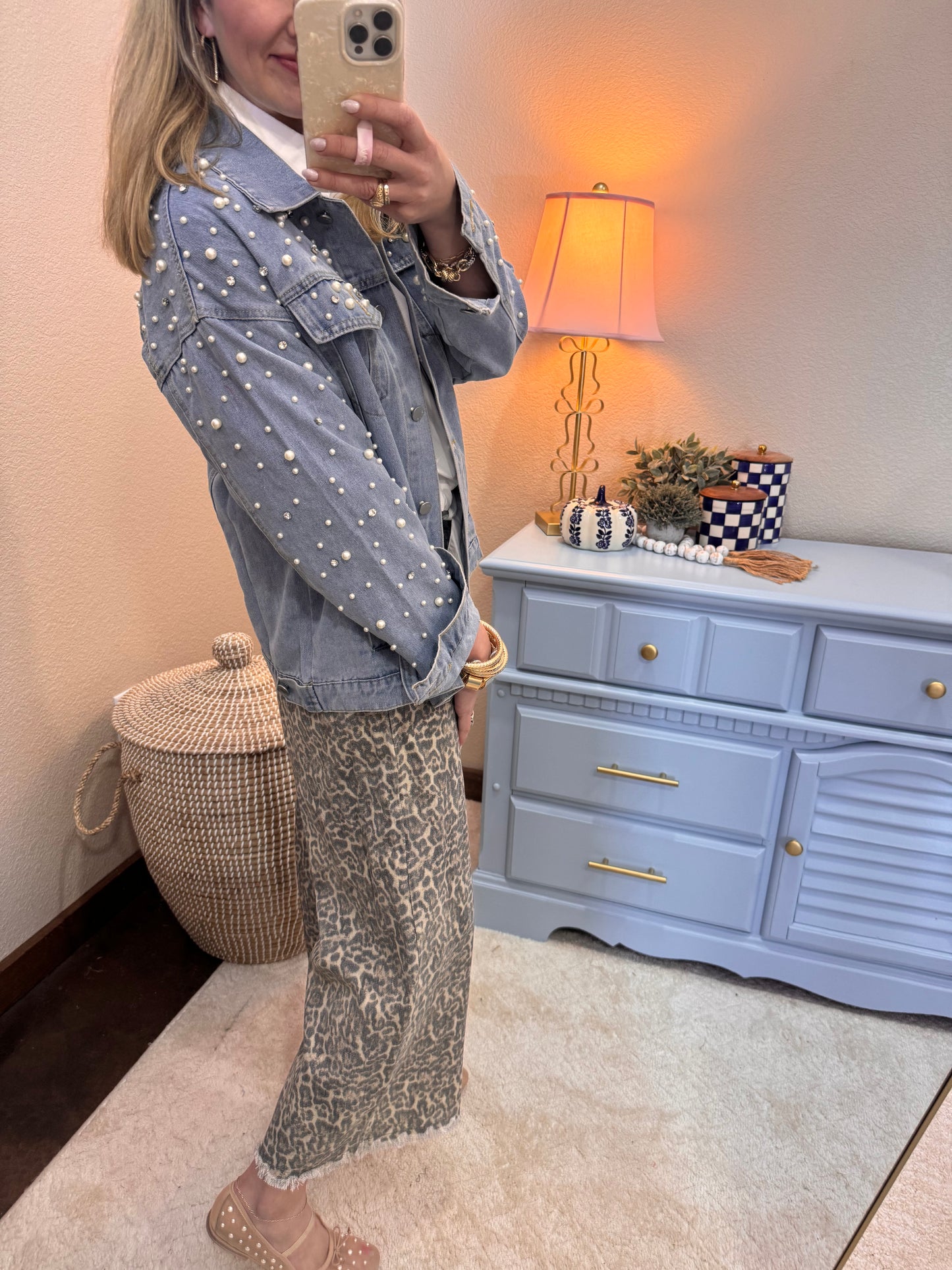 Pearl Rhinestone Detailed Denim Jacket