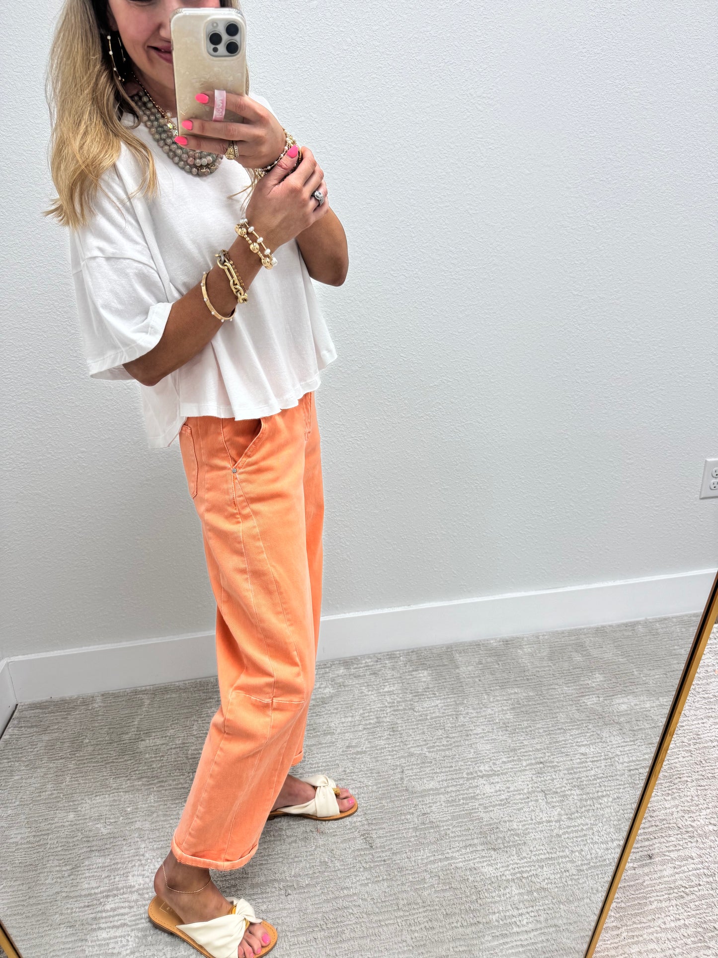 Risen Coral Peach High Rise Relaxed Barrel Jean
