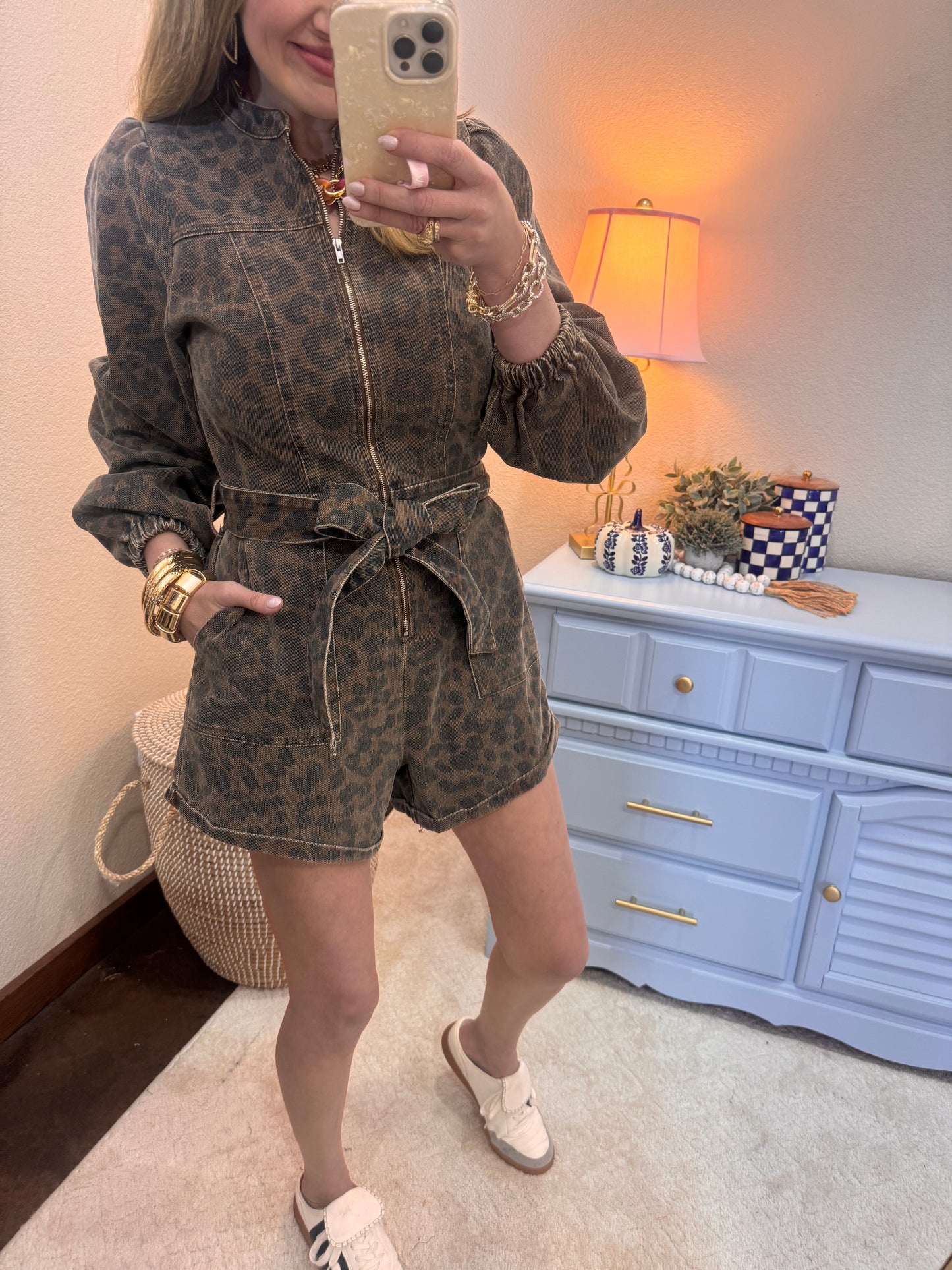 Front Zip Up Washed Mocha Leopard Romper