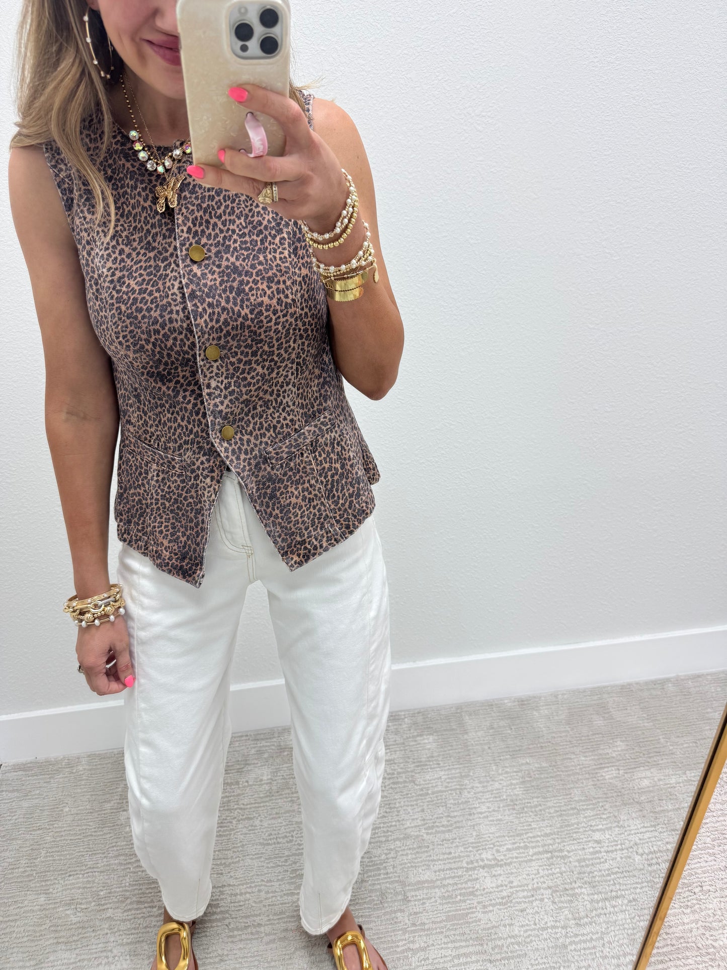 Leopard Denim Button Vest