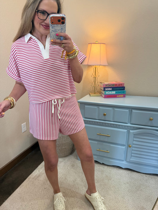Hot Pink Striped Collared Top & Short Set