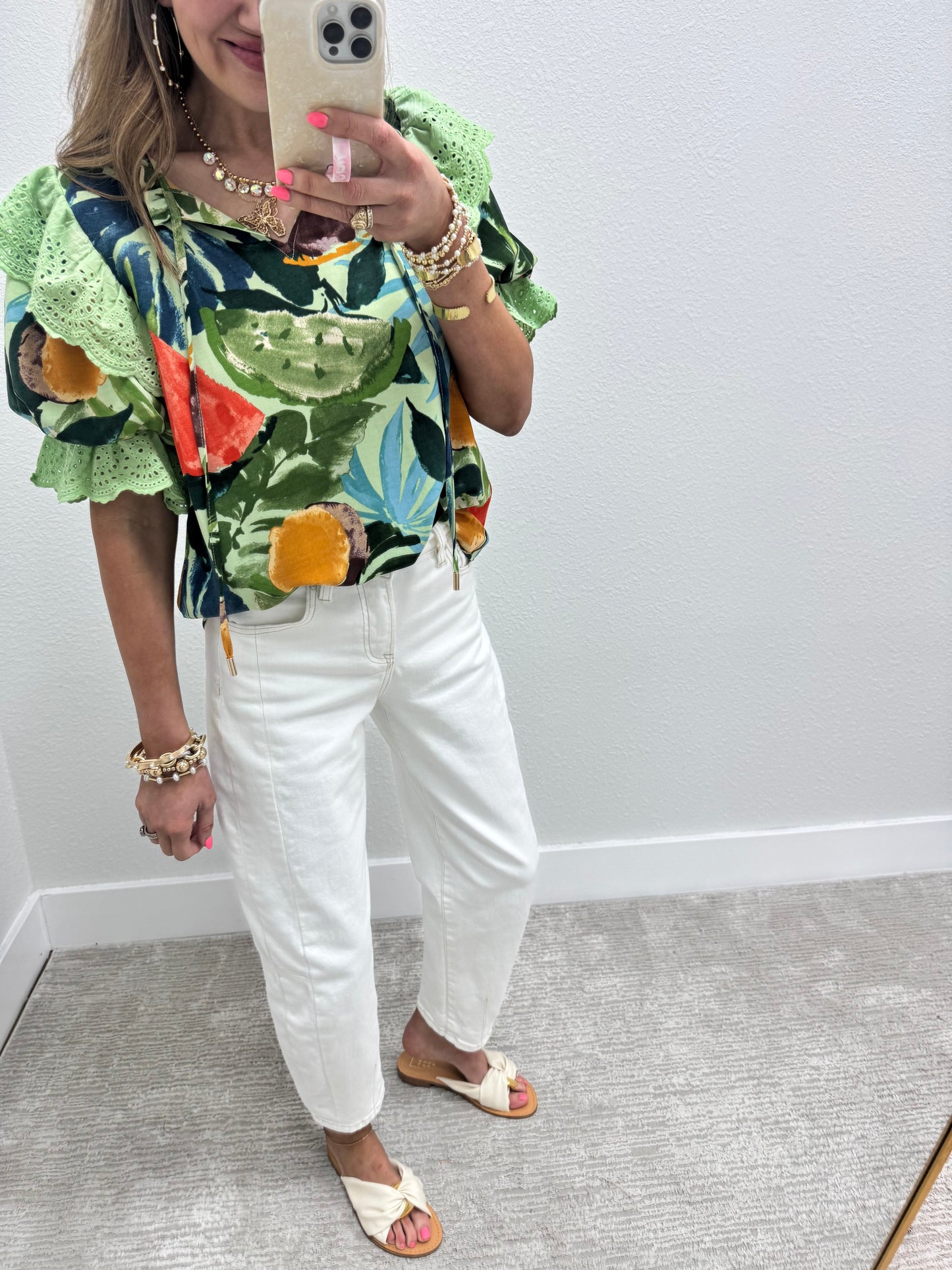Green Tropical Print Ruffle Sleeve Top