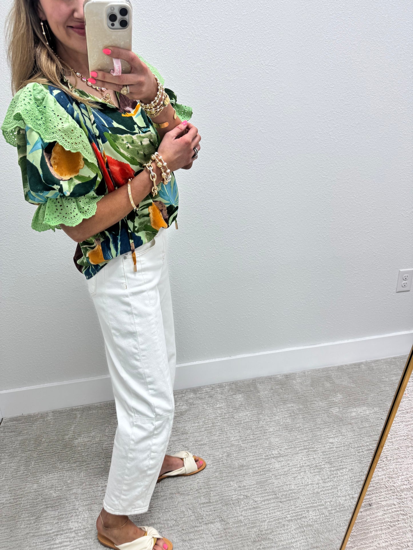 Green Tropical Print Ruffle Sleeve Top
