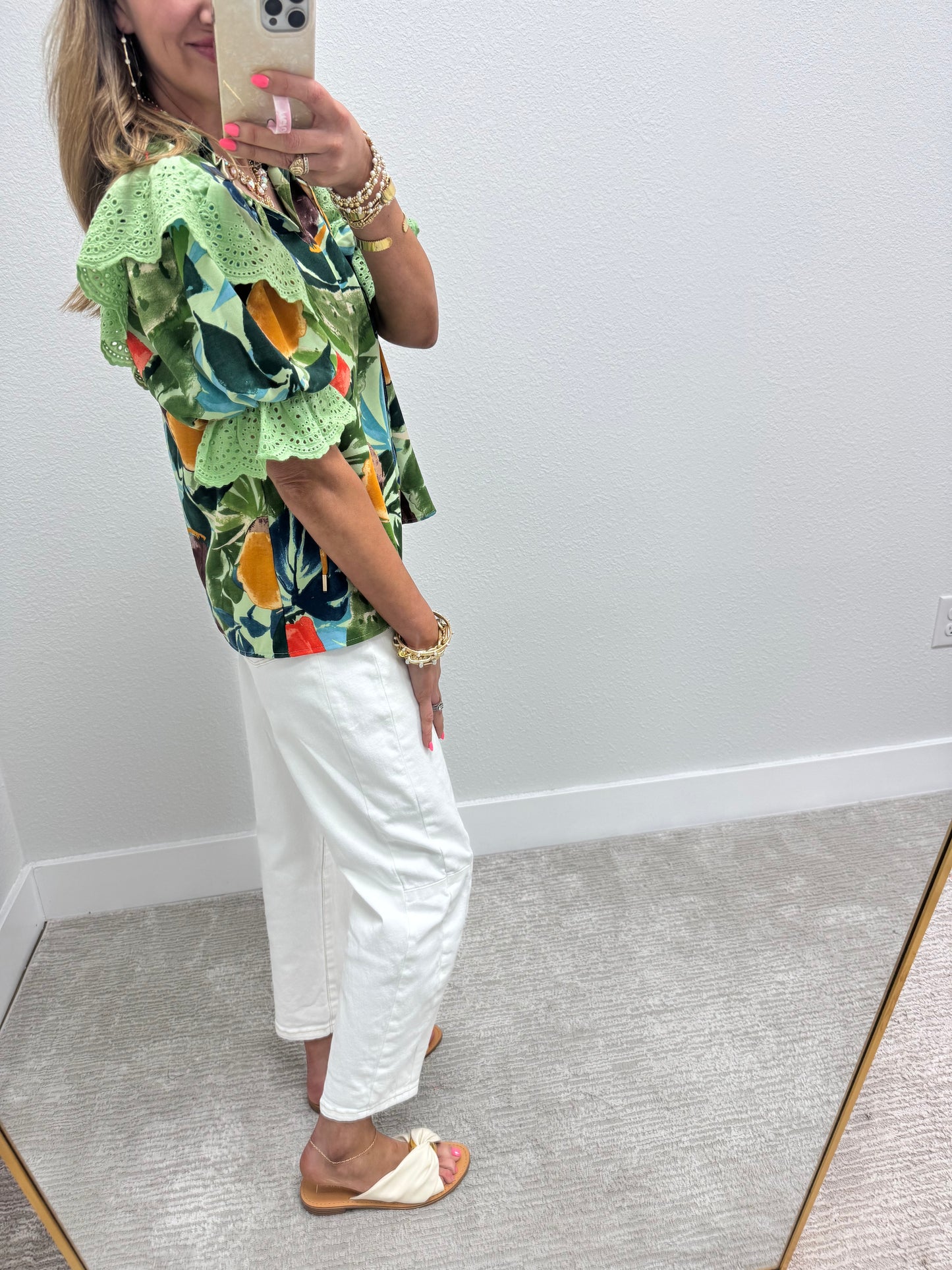 Green Tropical Print Ruffle Sleeve Top