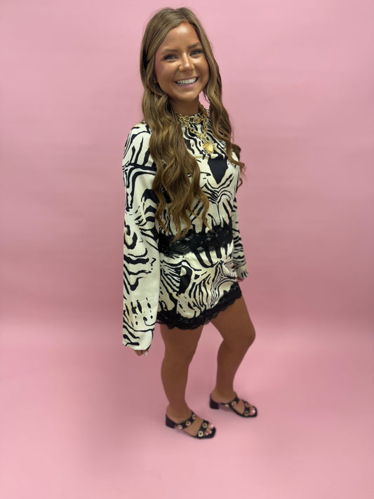 Zebra Print Long Sleeve Skirt Set