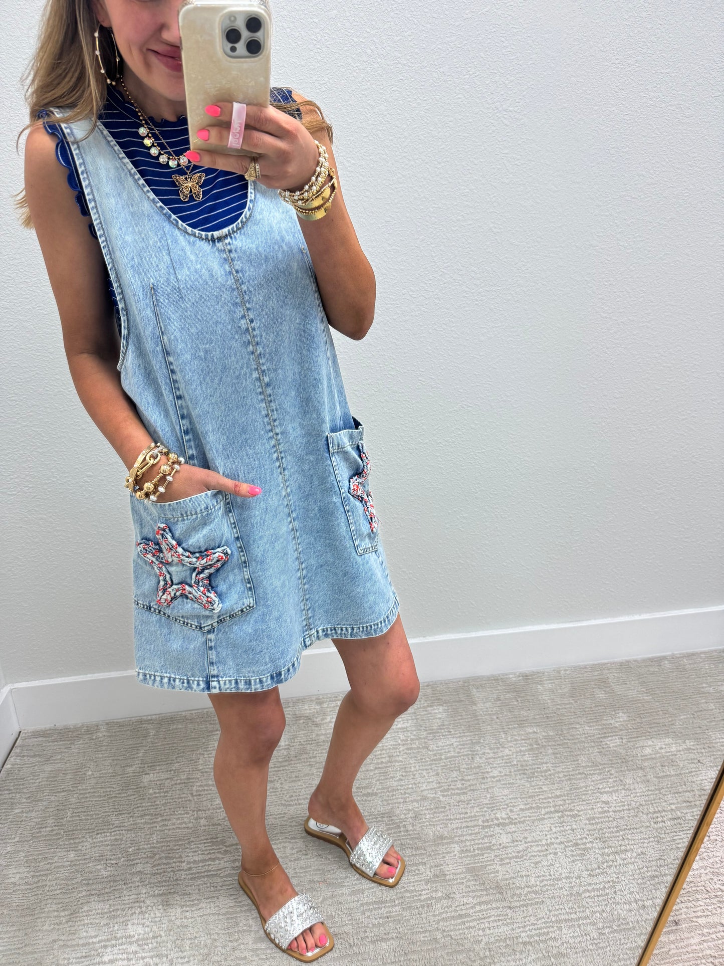 Star Pocket Denim Adjustable Strap Dress