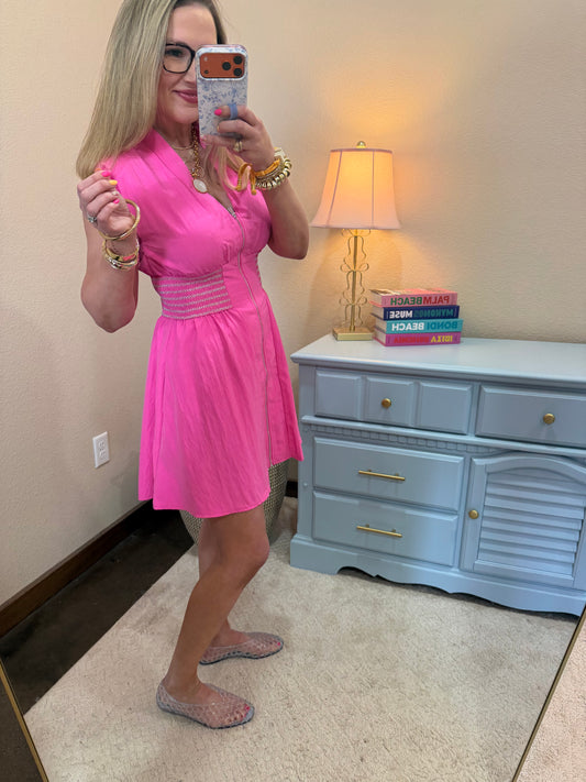 Hot Pink V-neck Front Zip Waist Smocked Mini Dress