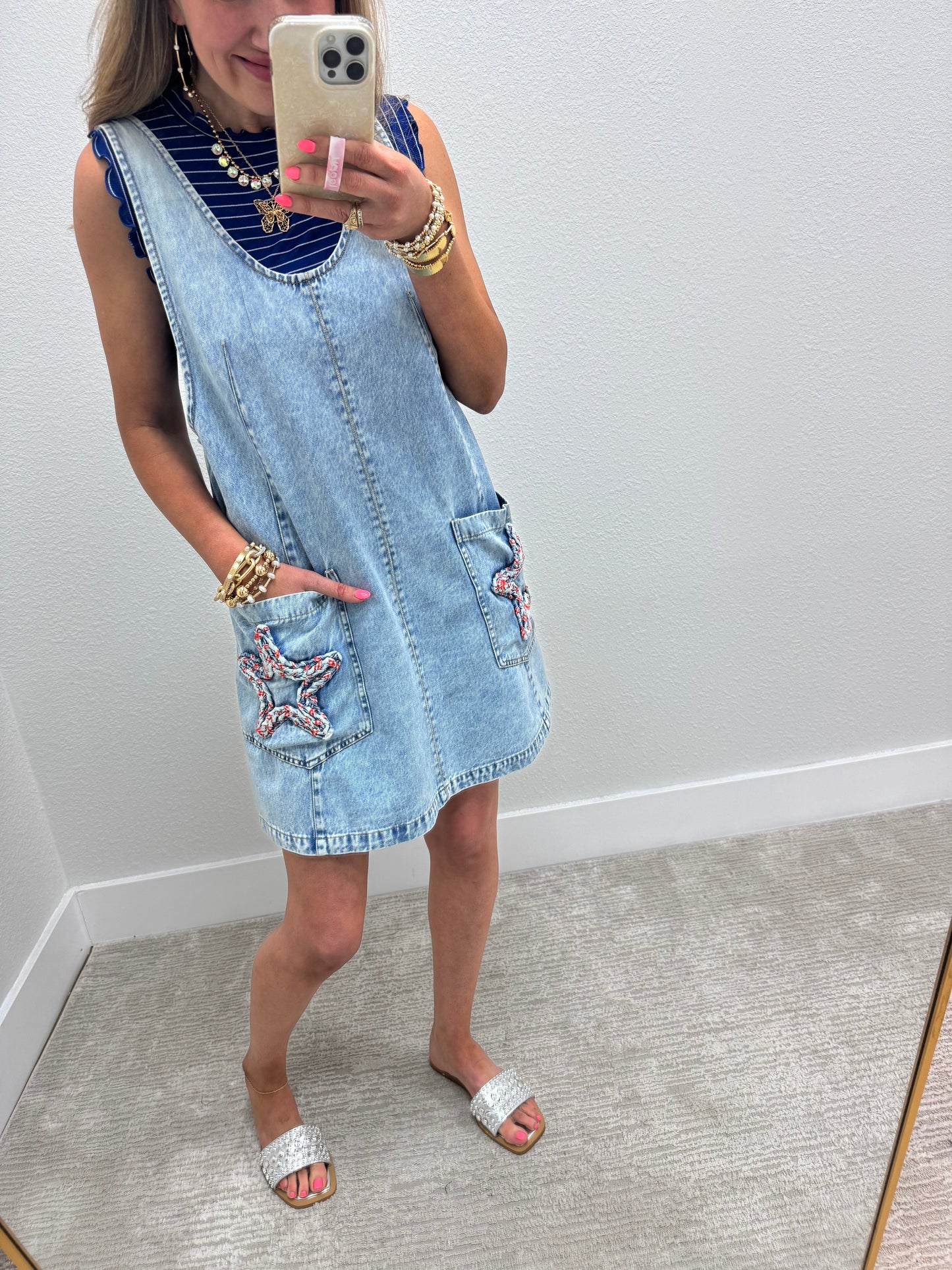 Star Pocket Denim Adjustable Strap Dress