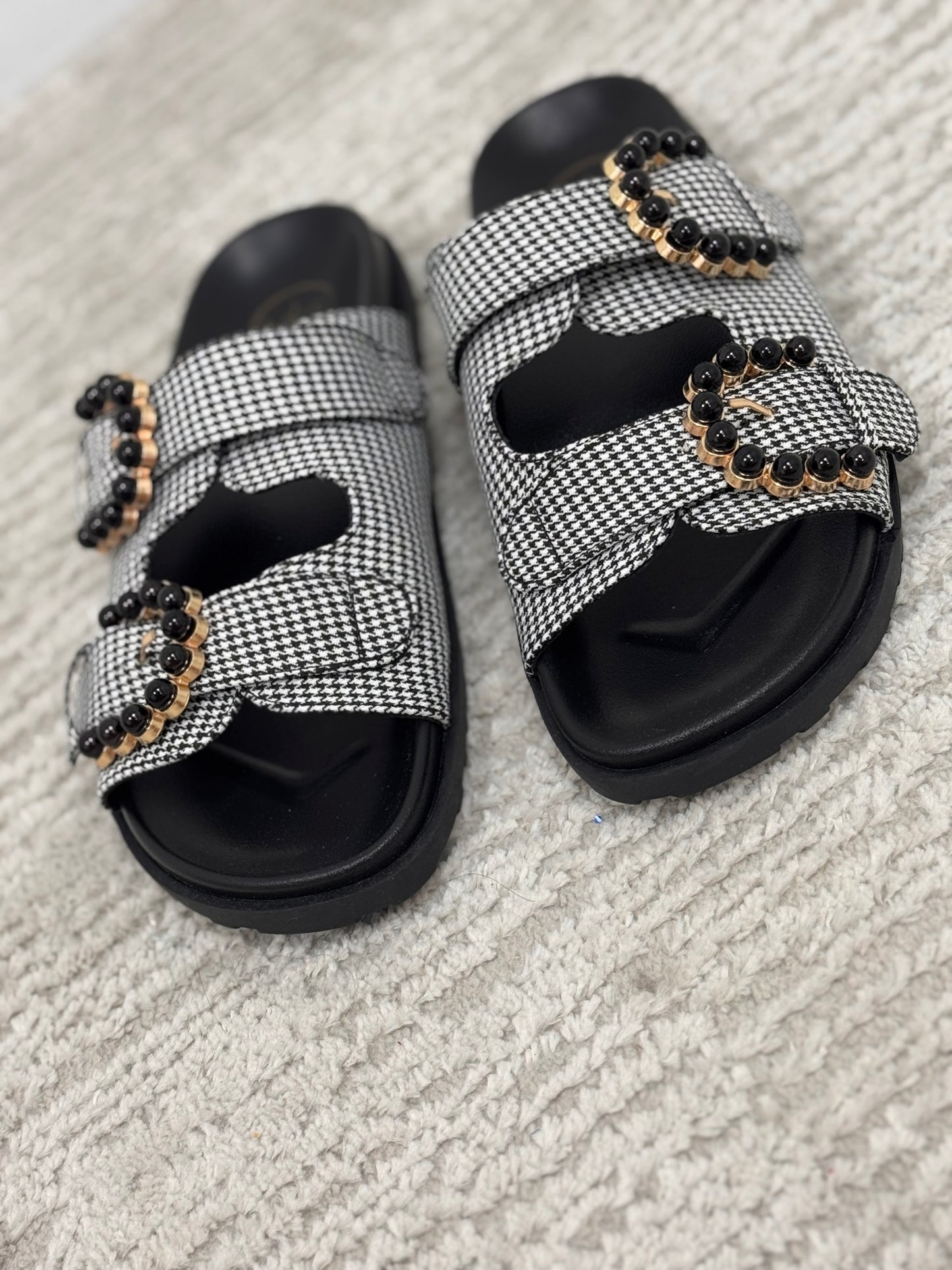 Black and White Gingham Buckle Kelly Sandal FS