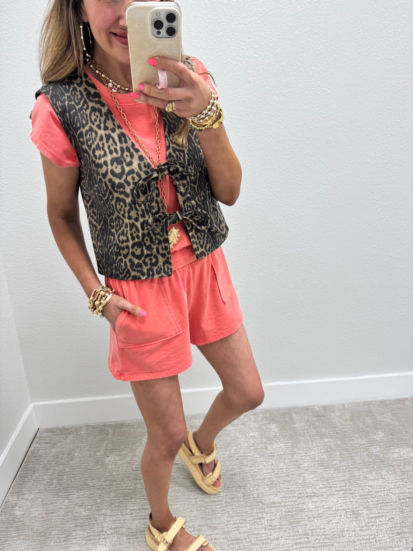 Denim Leopard Print Tie Front Vest