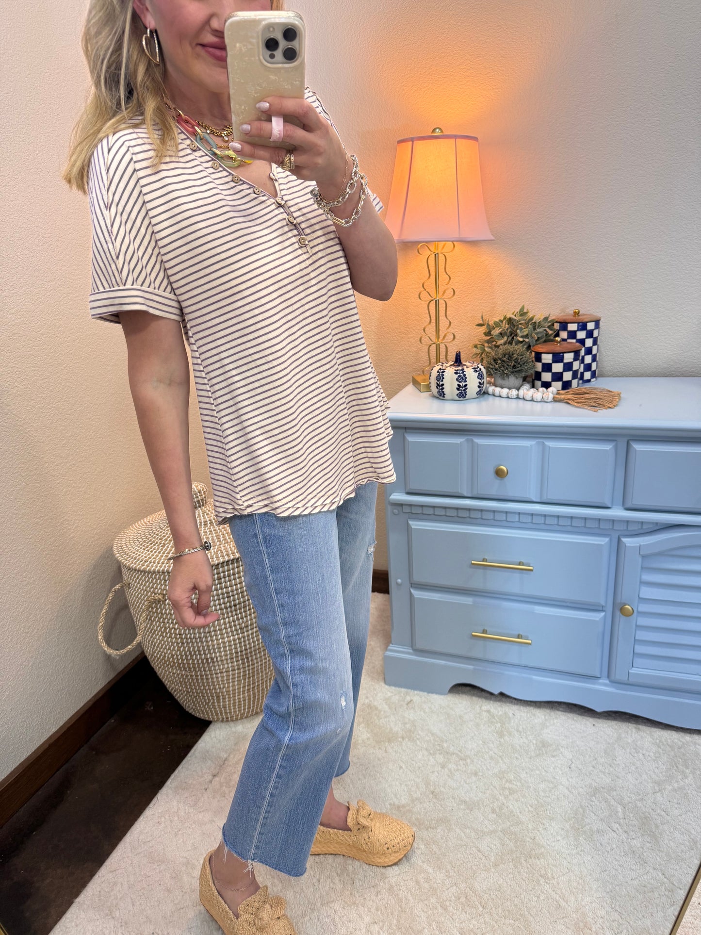 Lavender & Cream Striped Casual Knit Top