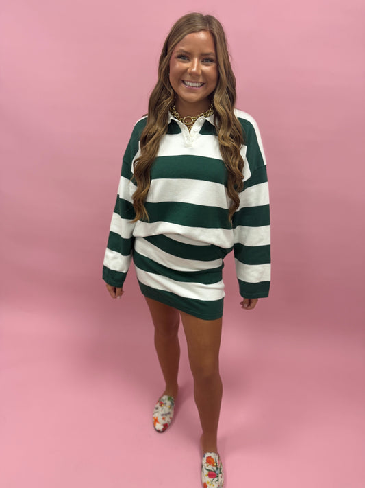 Green and White Two Piece Skirt Set