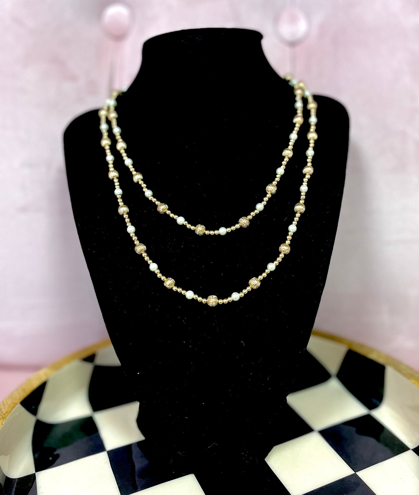 IP4 Water Resistant Long Gold and Pearl Necklace