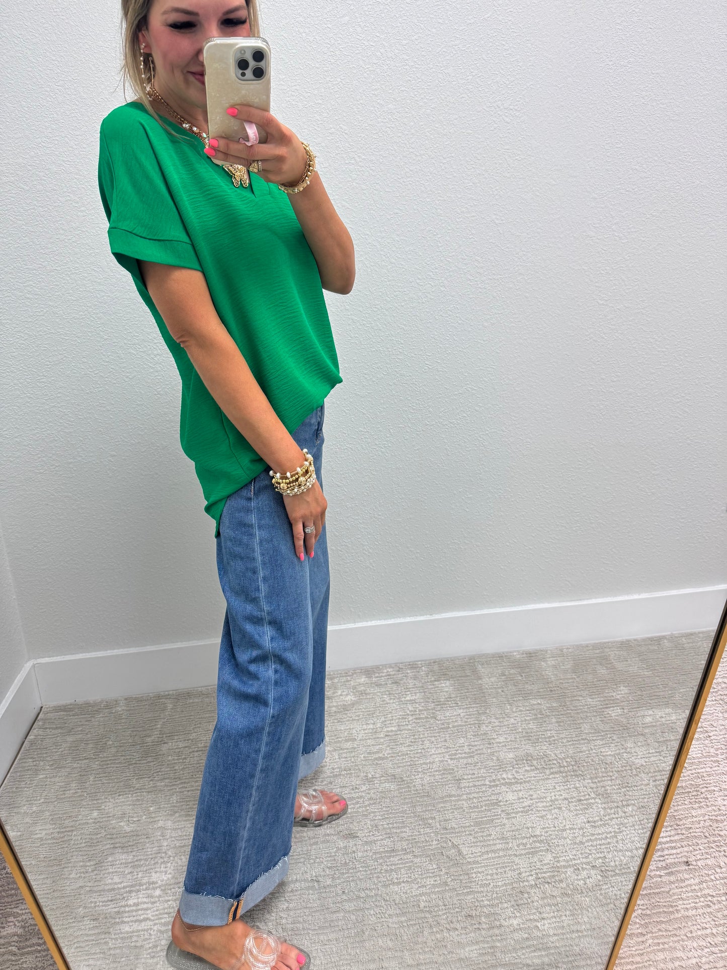 Green Poly Woven V-neck Short sleeve