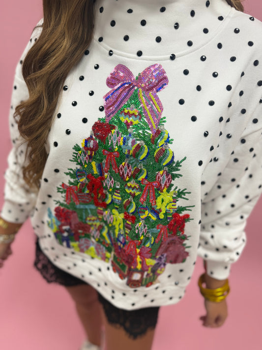Queen of Sparkles White & Black Polka Dot Multi Christmas Tree Mockneck Sweatshirt