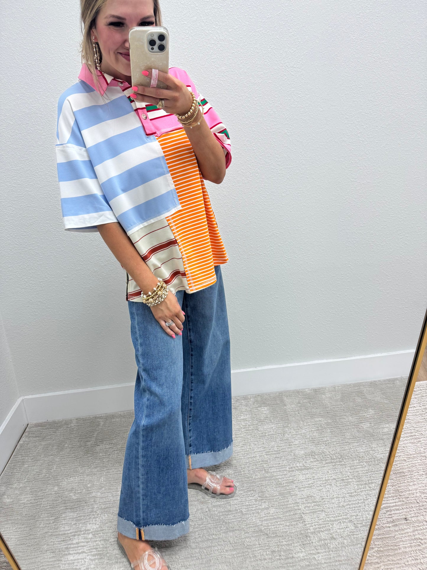 Color Block Collared Short Sleeve Top