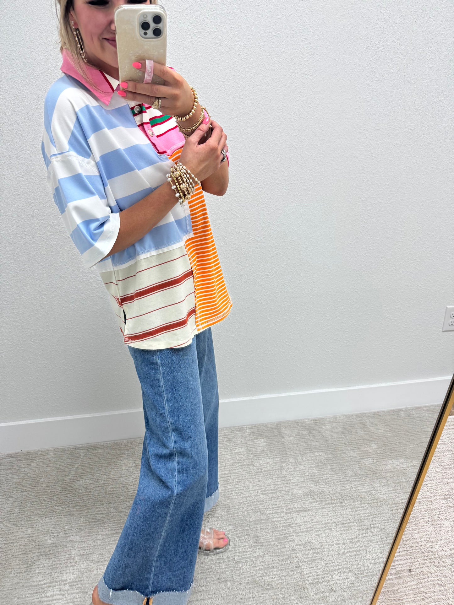 Color Block Collared Short Sleeve Top