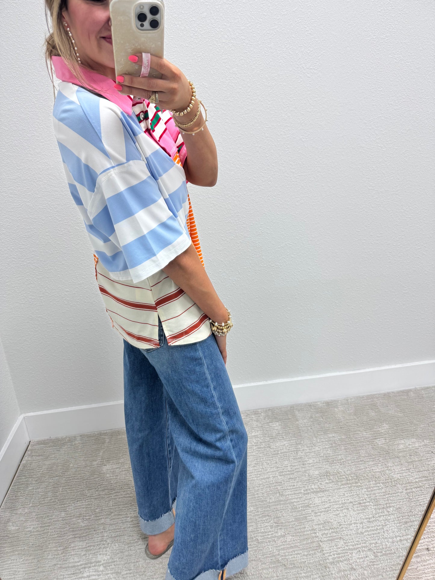 Color Block Collared Short Sleeve Top