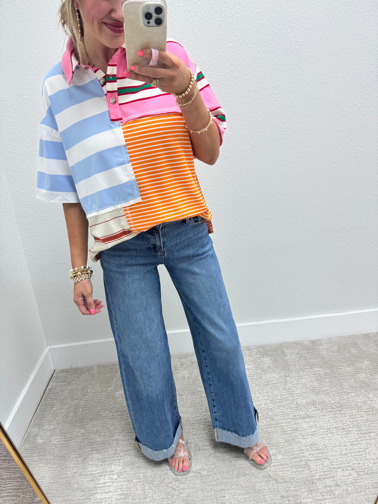 Color Block Collared Short Sleeve Top
