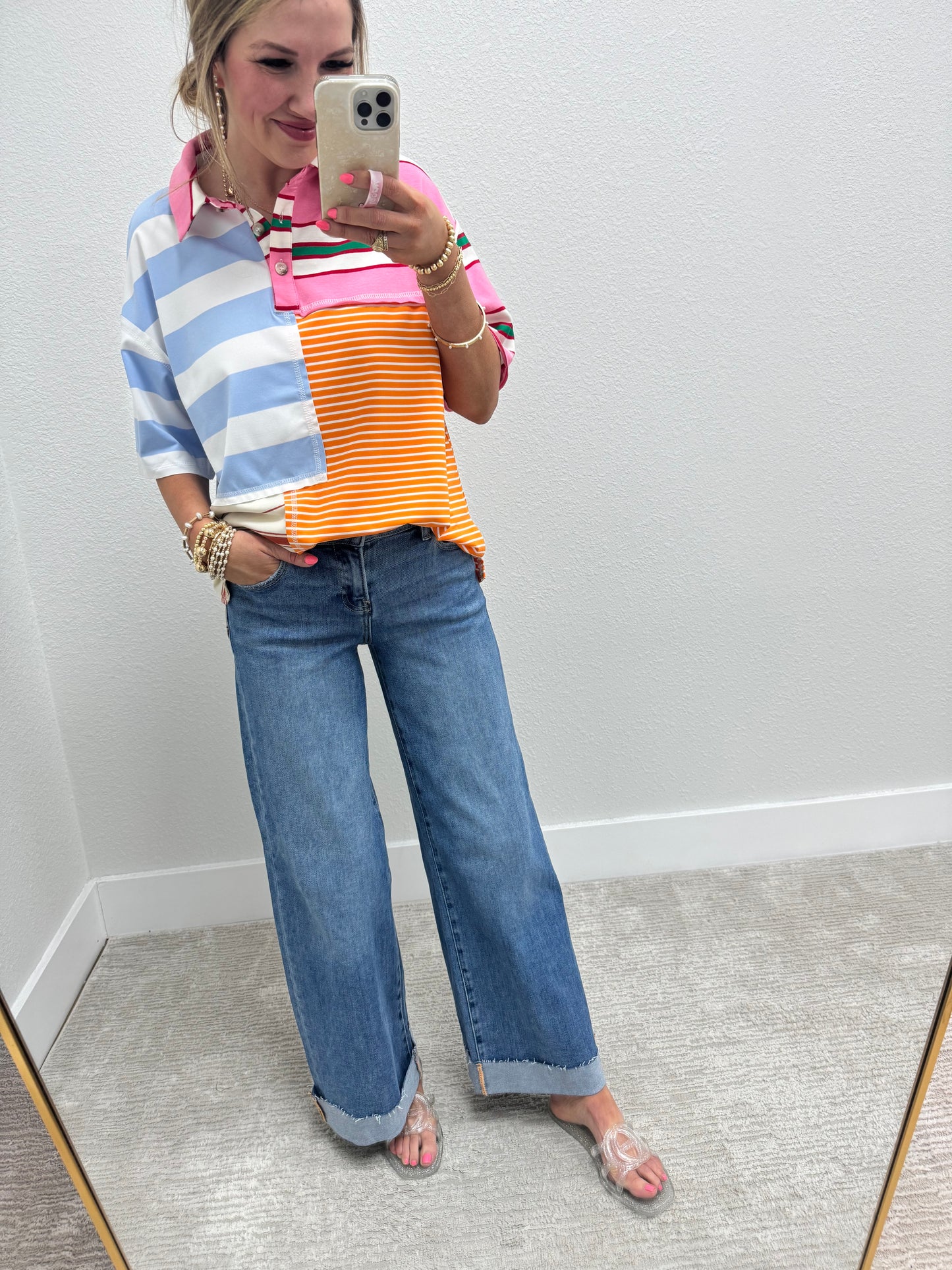 Color Block Collared Short Sleeve Top