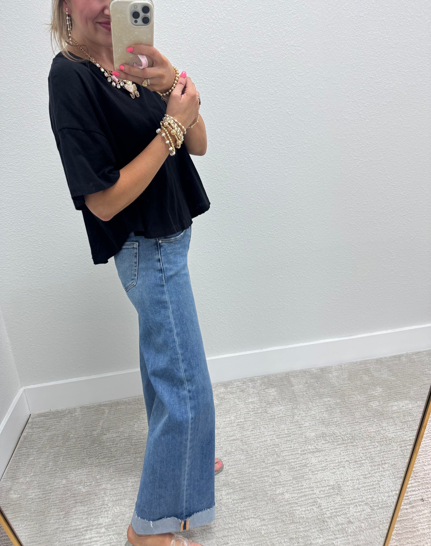 Black Cropped Round Hem Shirt