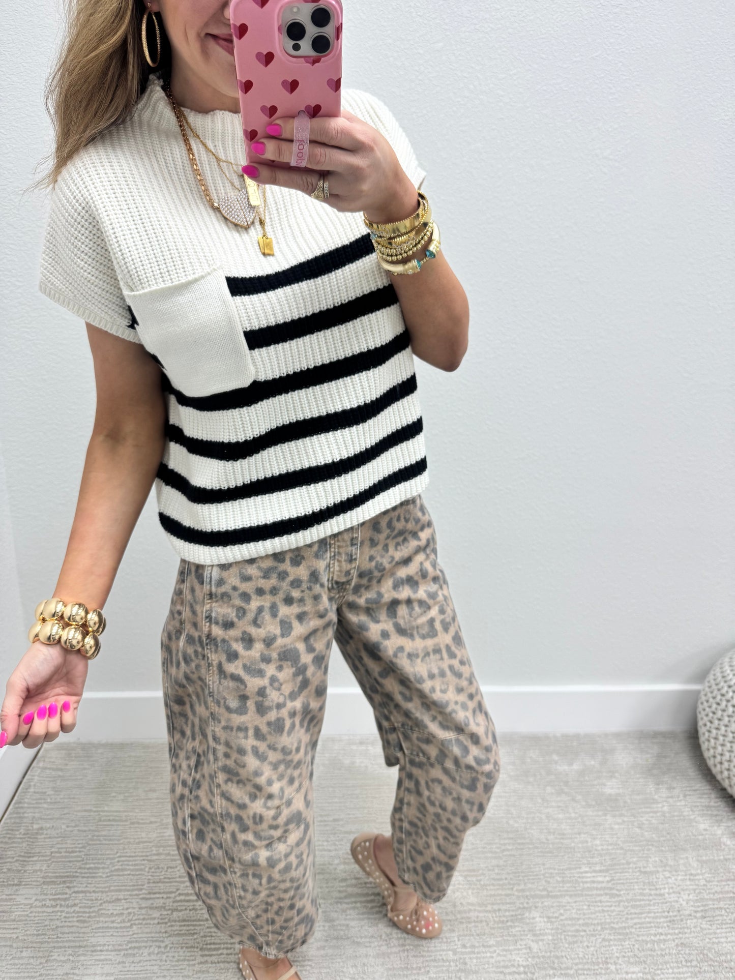 Ivory & Black Stripe Crop Short Sleeve Sweater Top