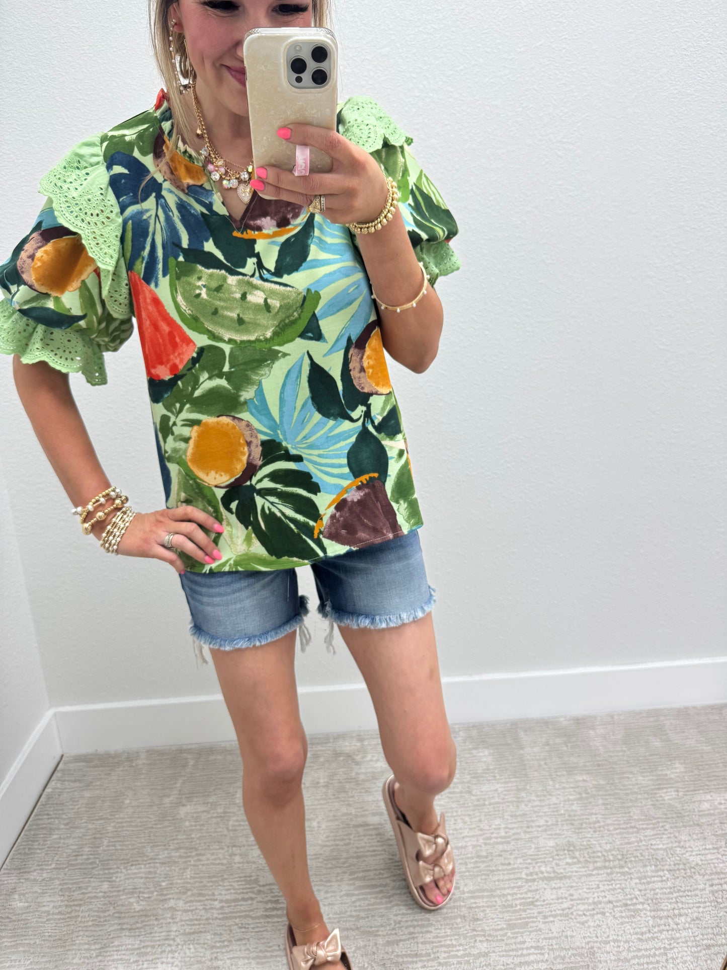 Green Tropical Print Ruffle Sleeve Top