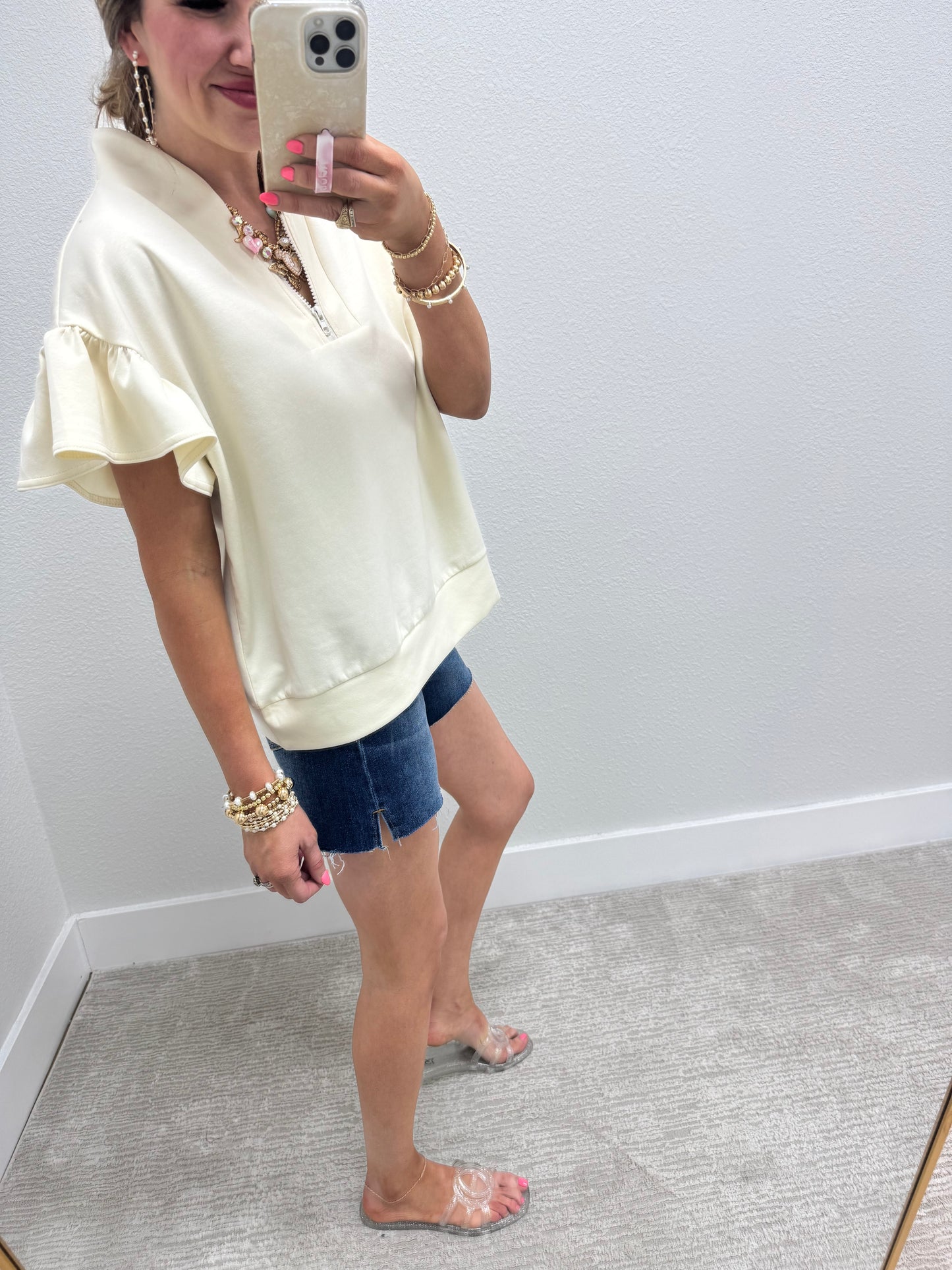 Cream Scuba 1/4 Zip Ruffle Sleeve Top