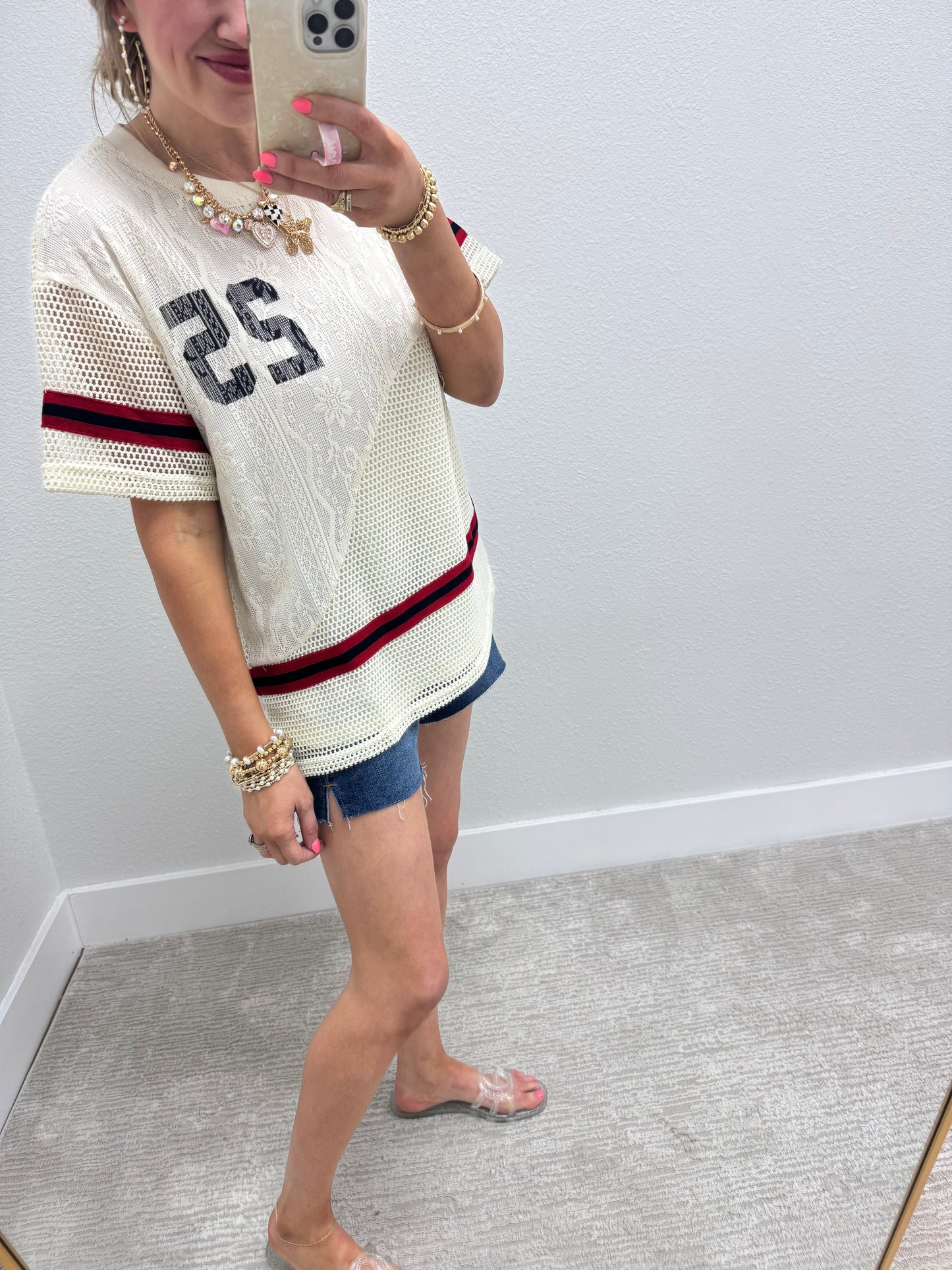 Cream Number Detail Short Sleeve