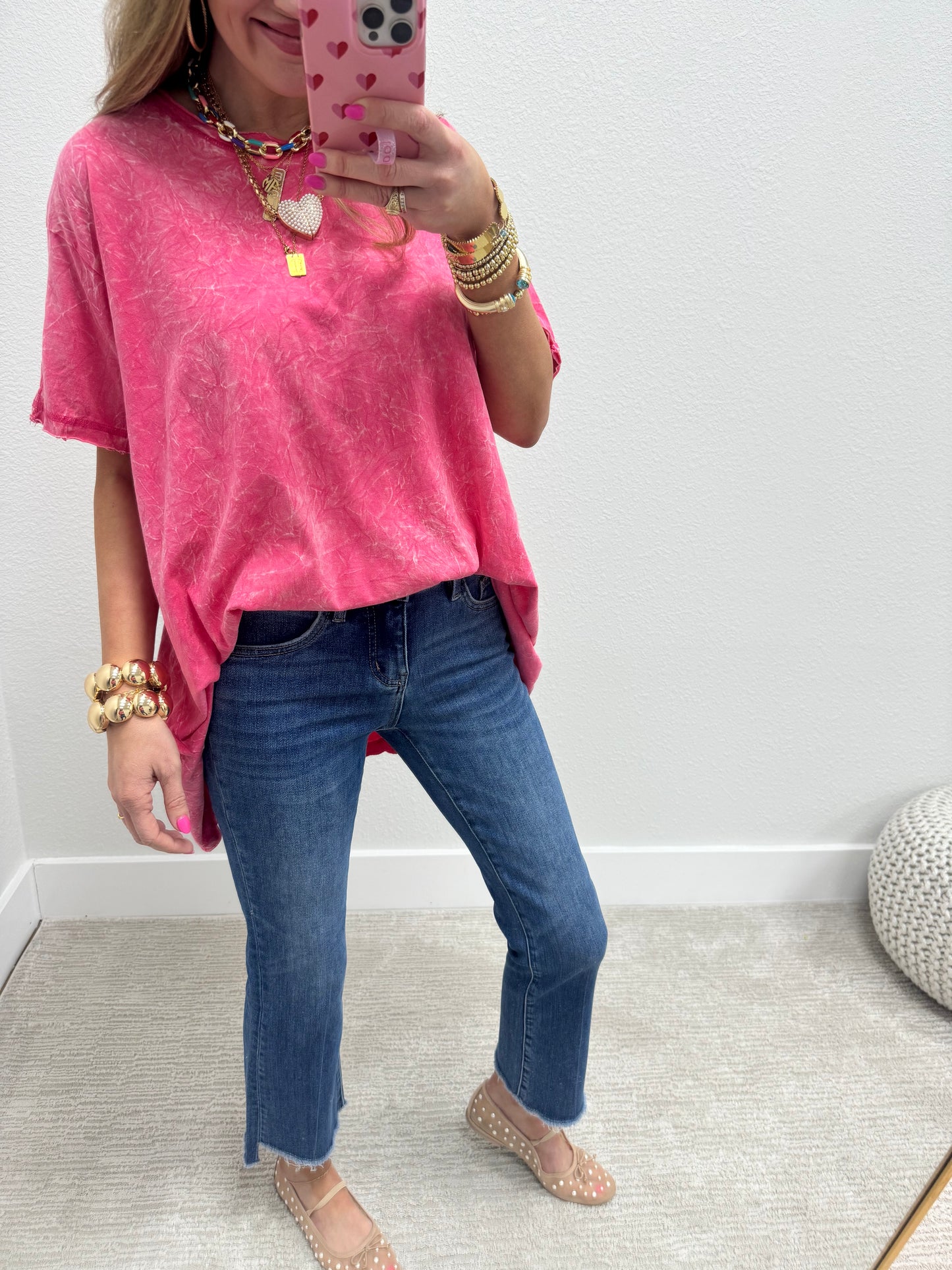 Pink Oversized Mineral Washed High Low Short Sleeve