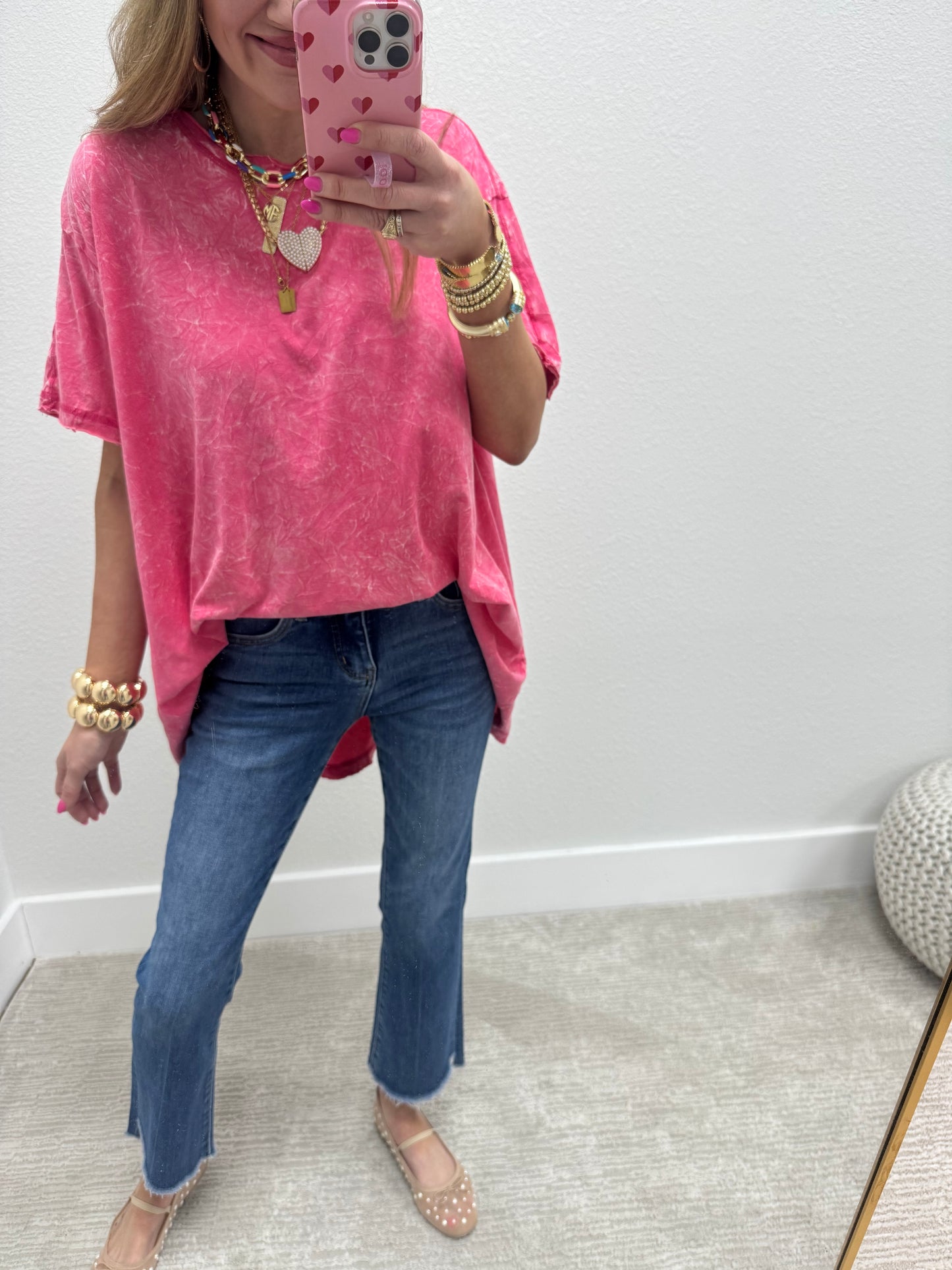 Pink Oversized Mineral Washed High Low Short Sleeve