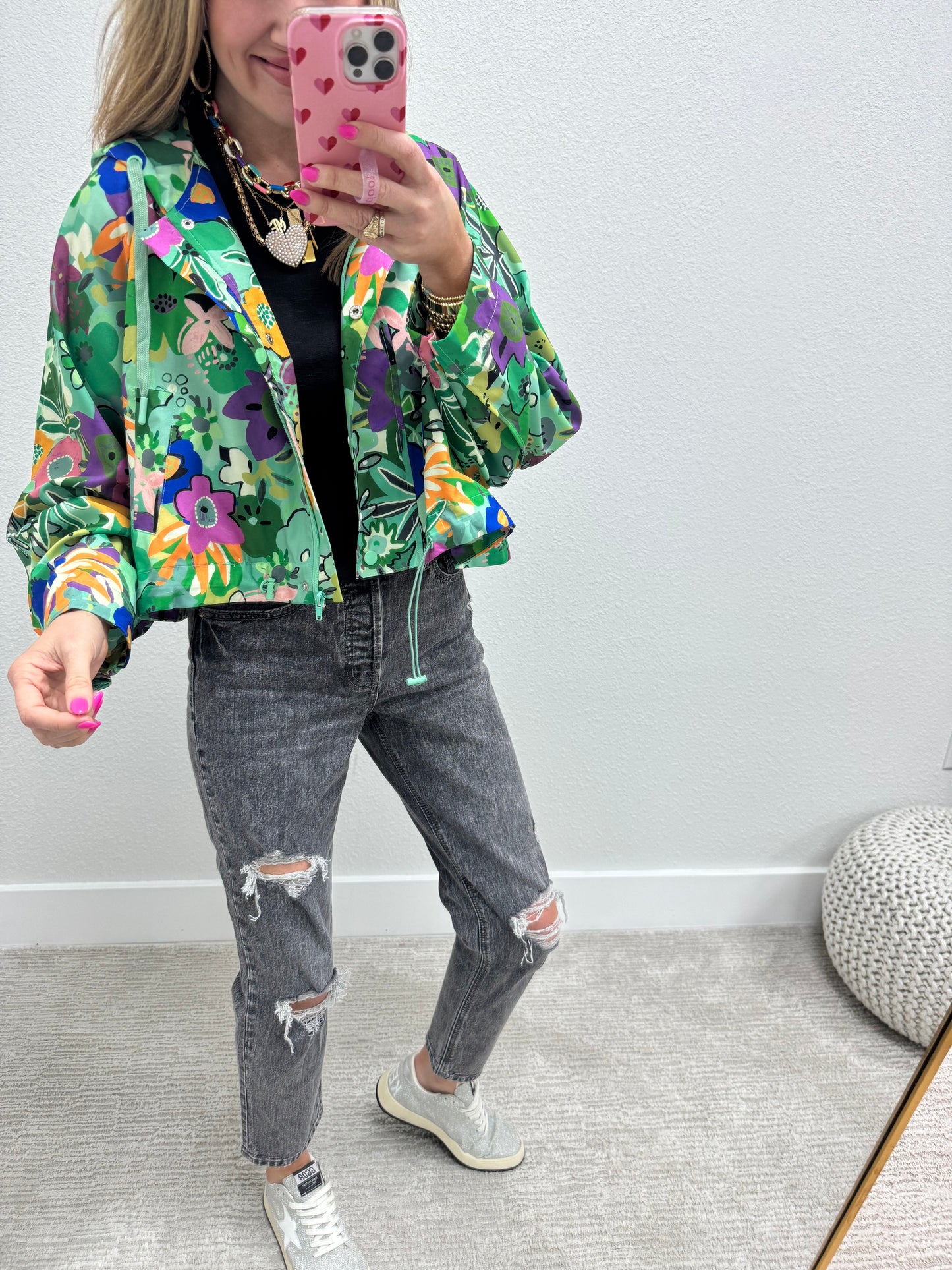 Green Floral High Low Zipper Hoodie